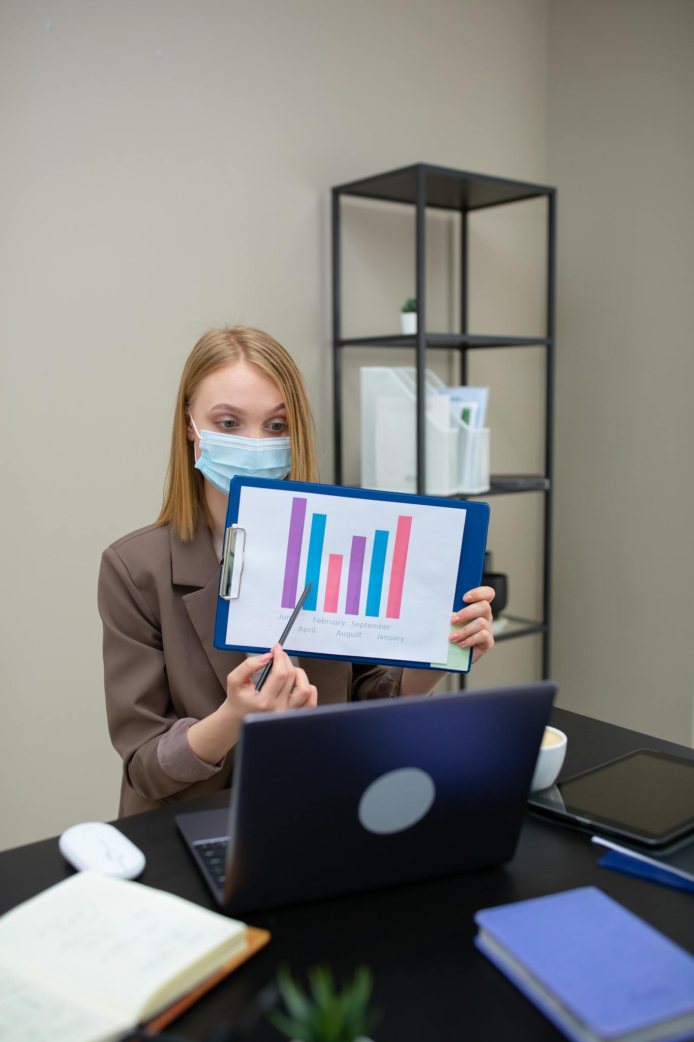 A woman in an office presents a graph during a video call, wearing a face mask for safety.